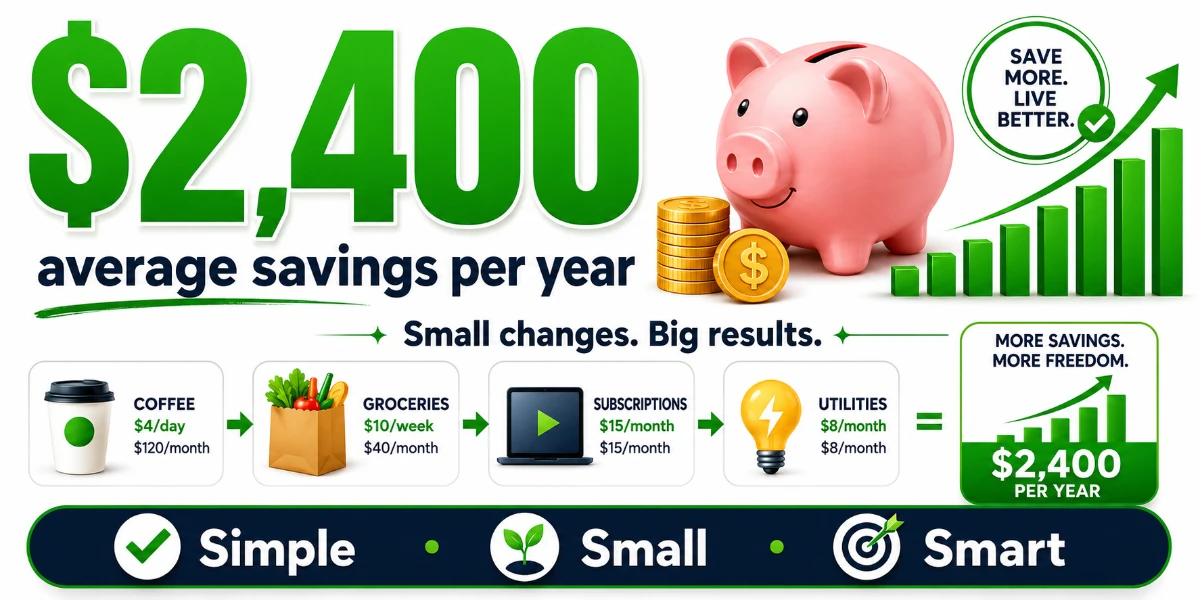Illustration highlighting an average savings of $2,400 per year with a piggy bank and coins, suggesting small lifestyle changes for significant financial results.