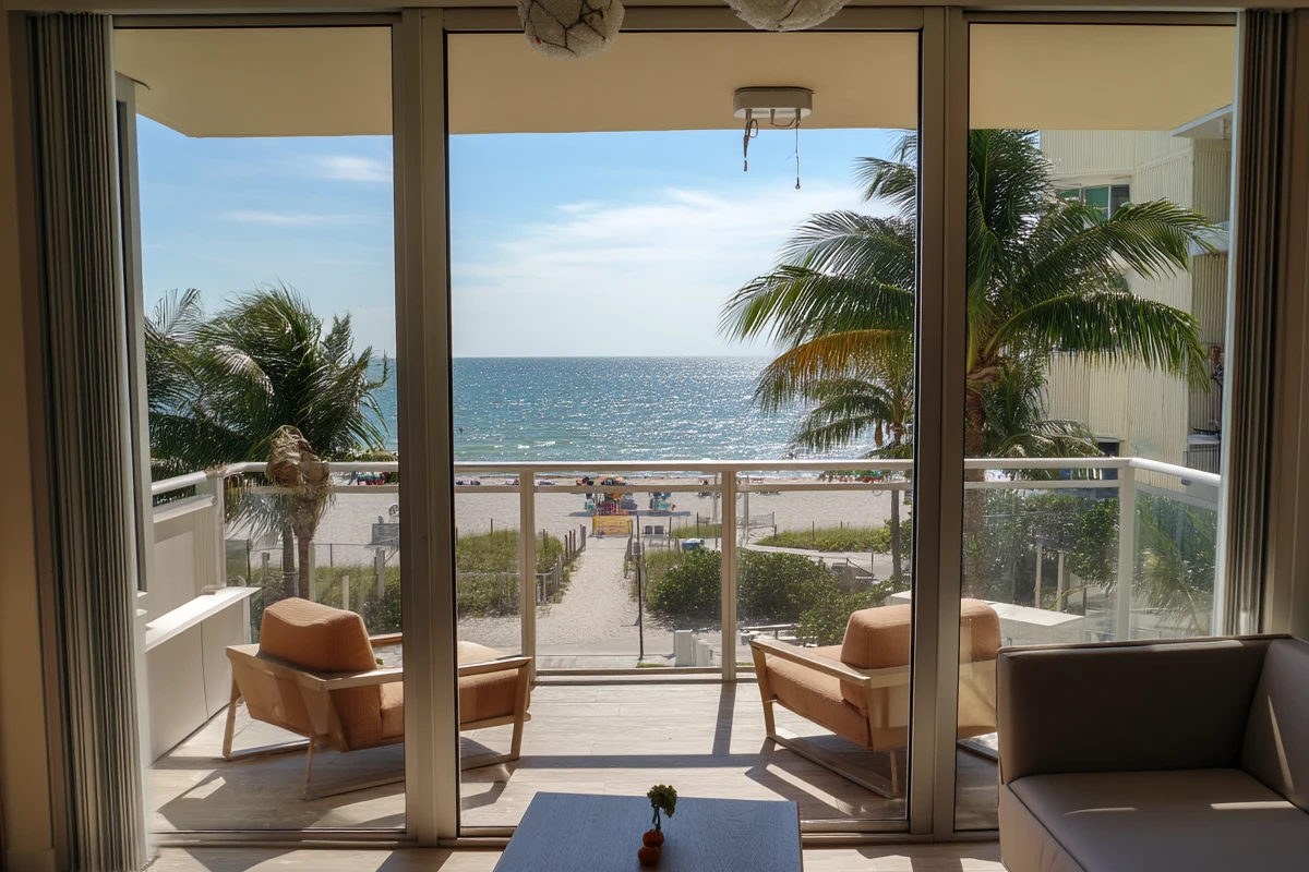 Beach view from cozy hotel room balcony
