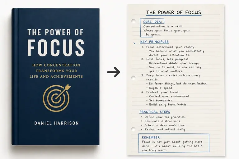 A book titled 'The Power of Focus' alongside notes outlining key principles and practical steps for improving concentration and achieving goals.
