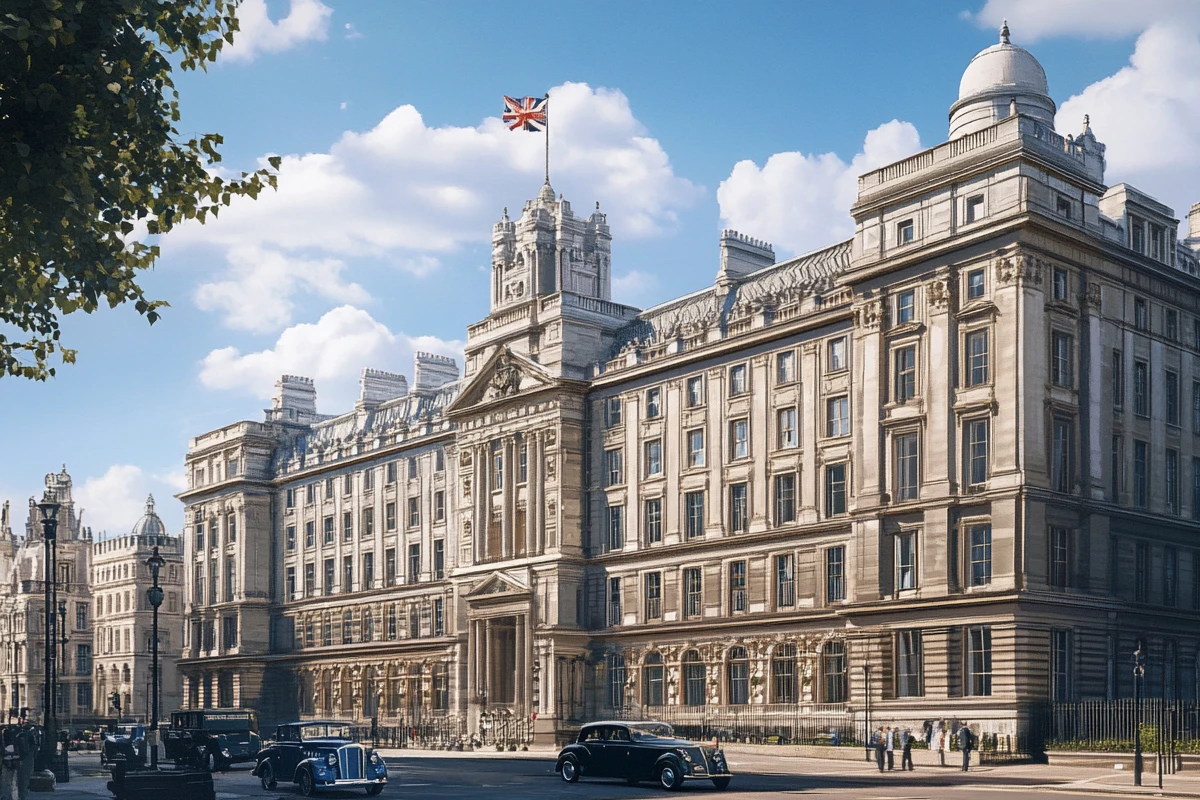 Historic London government building under clear sky