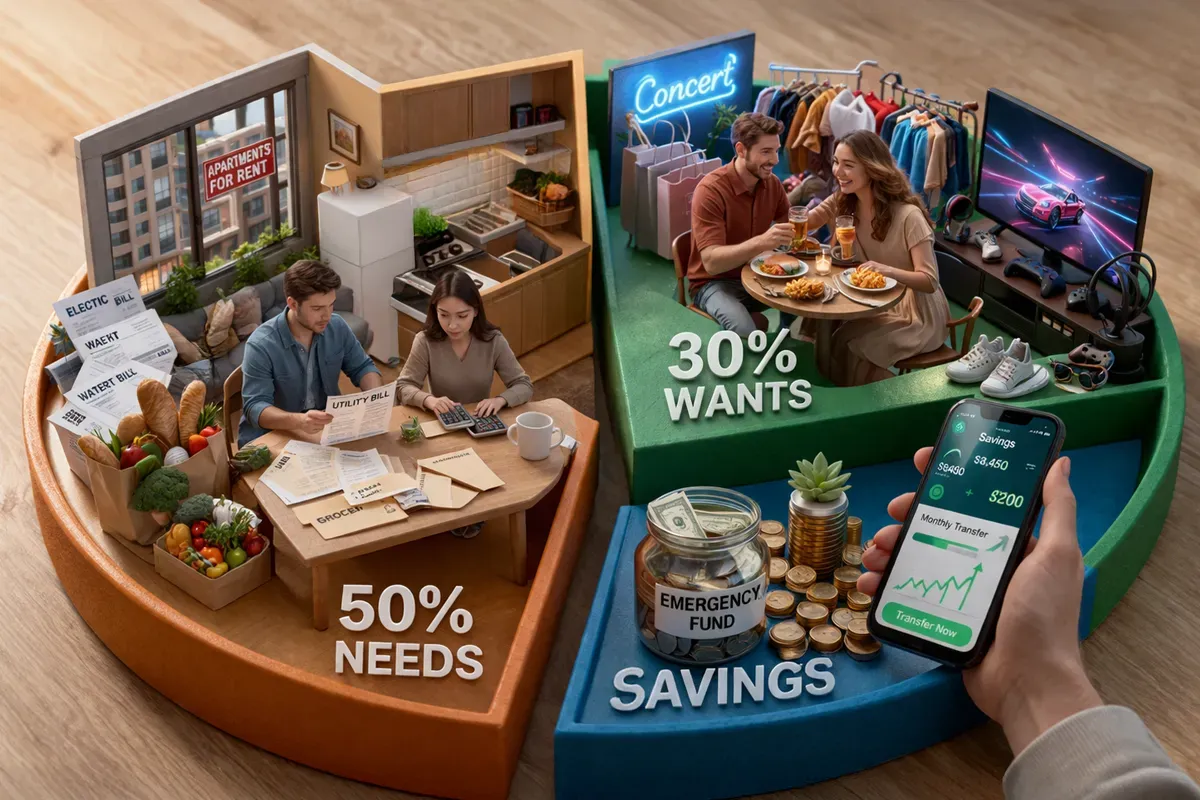 A visual representation of a budget allocation showing 50% for needs, 30% for wants, and savings, featuring scenes of various spending categories.