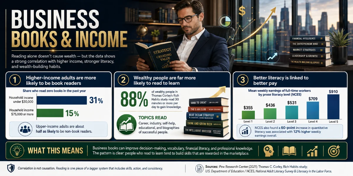 An infographic illustrating the relationship between reading business books and income levels, highlighting key statistics and insights on wealth and literacy.