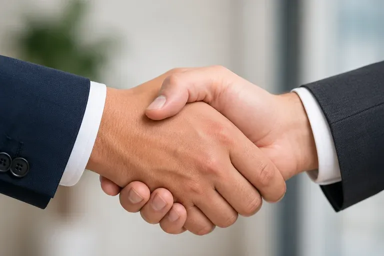 Two hands engaging in a handshake, symbolizing a business agreement or partnership.