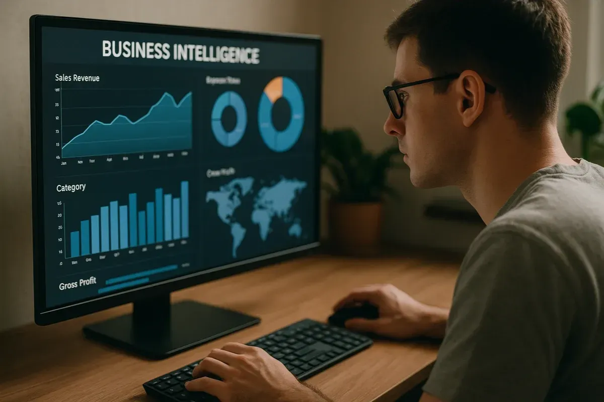 A person analyzing business intelligence charts and graphs on a computer screen, showcasing sales revenue and profit metrics.