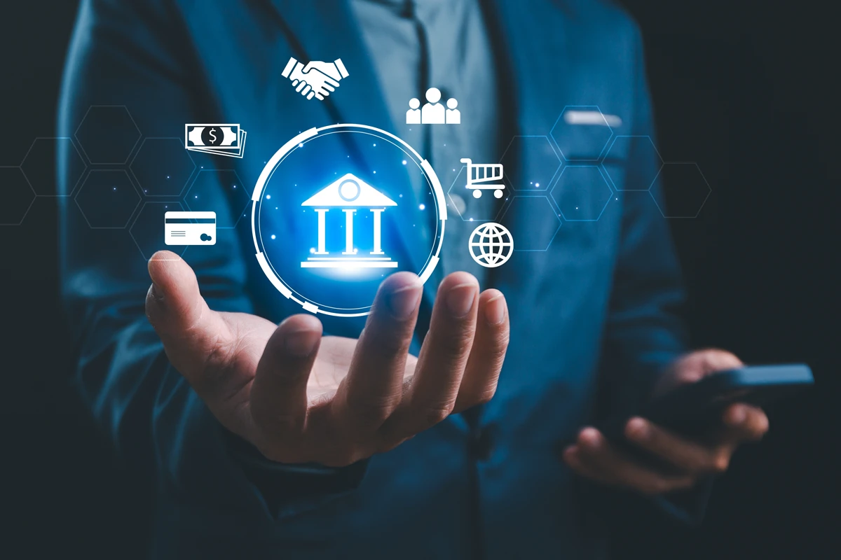 Businessman presenting virtual banking icons