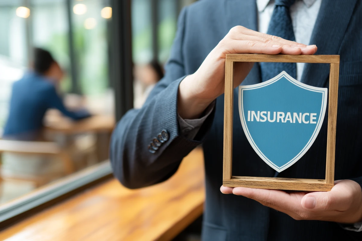 Businessman holding insurance shield sign in office