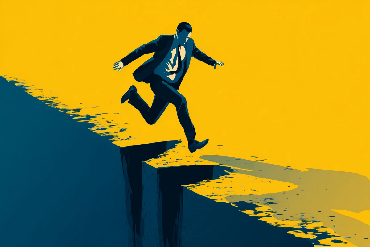 A businessman in a suit energetically jumps over a large gap against a vibrant yellow background, symbolizing overcoming challenges.