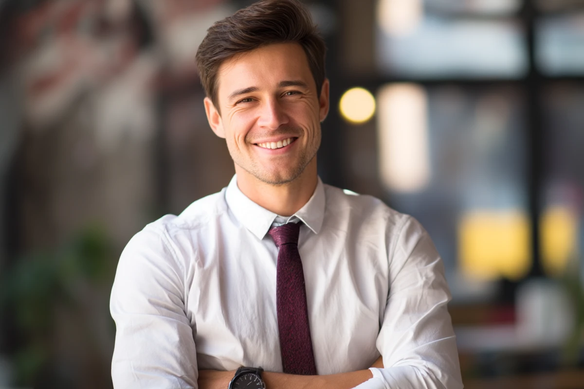 Smiling businessman in a white shirt and maroon tie, standing confidently with arms crossed in a modern office environment.