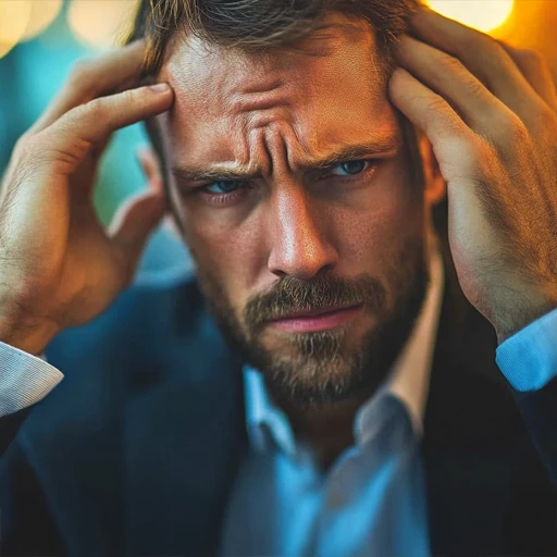 A man in a suit looking stressed, with furrowed brows and hands on his temples, set against a blurred background.