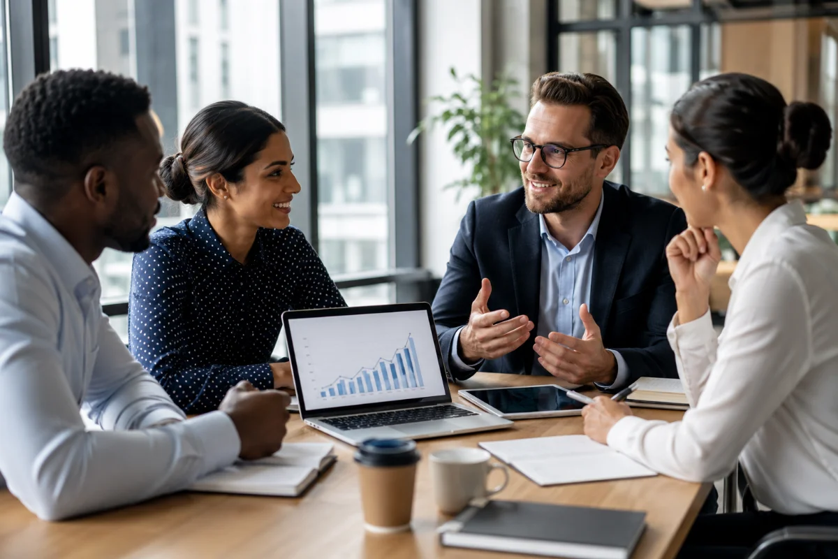 Professionals reviewing a growth chart together, representing a financial network that discusses goals and decisions openly.