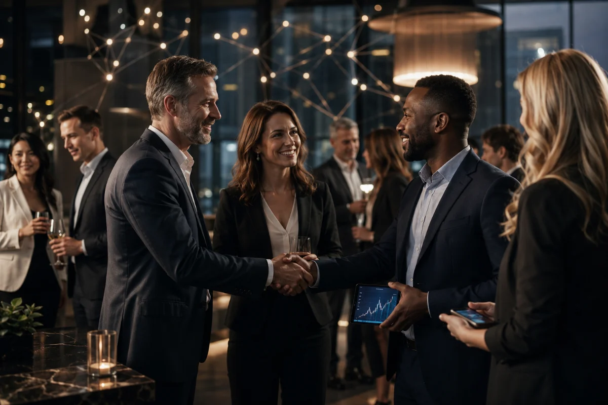 A group of professionals socializing at a networking event, with two individuals shaking hands. The setting features a modern ambiance with soft lighting and a city view.