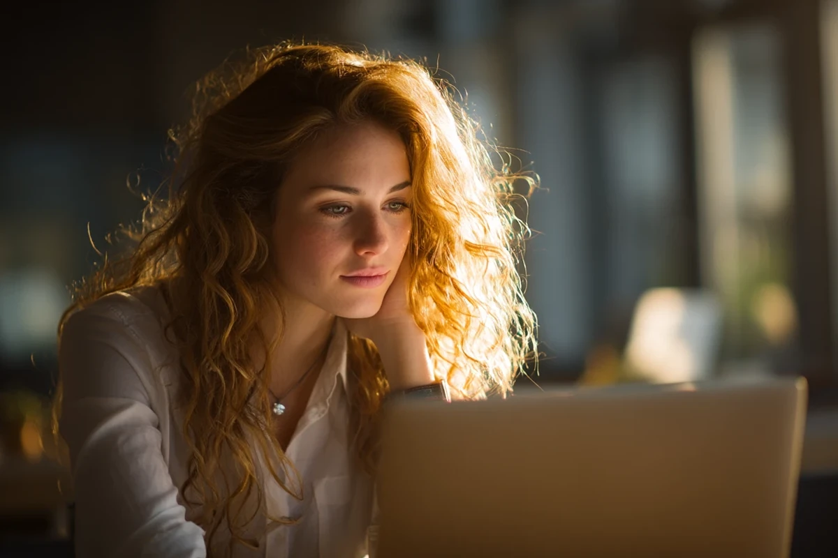 A woman with wavy hair attentively works on a laptop in a dimly lit room, with warm lighting highlighting her focused expression.