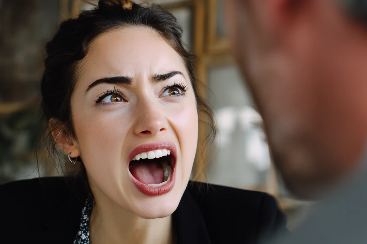 Woman arguing passionately in office setting
