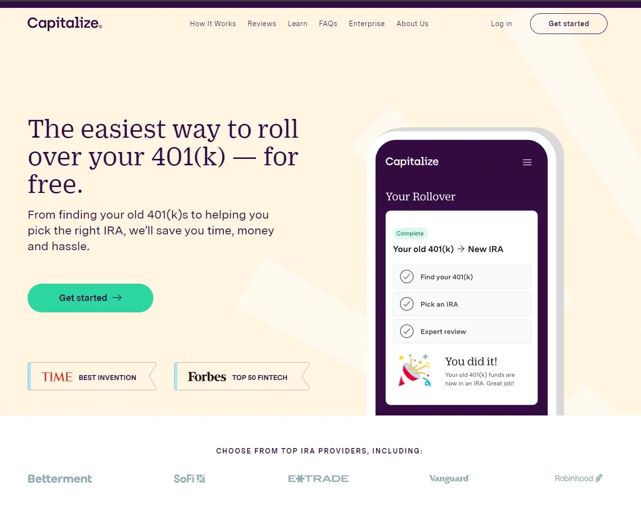 Capitalize website screen promoting easy 401(k) rollover service..