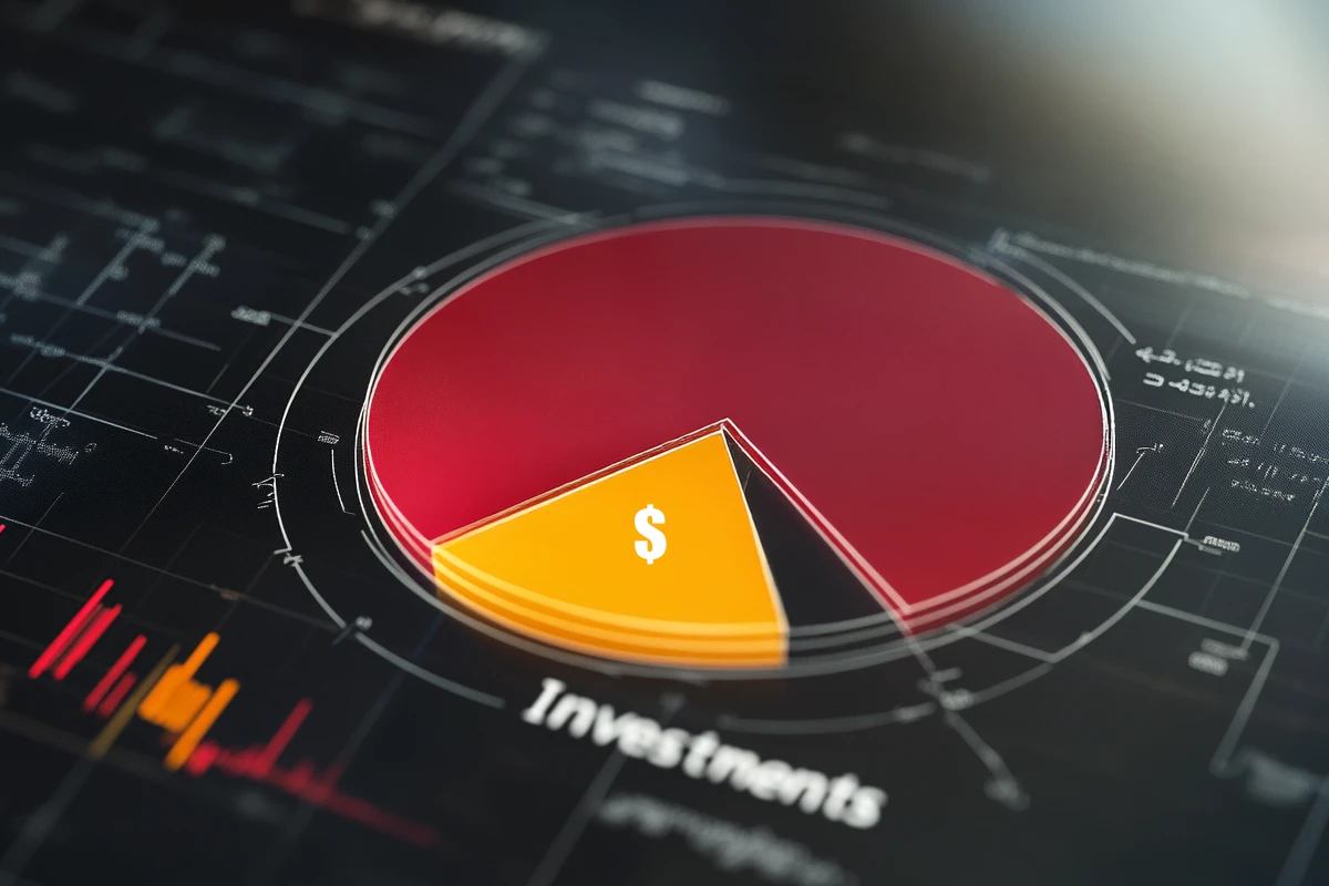 Close-up of financial pie chart with investment labels