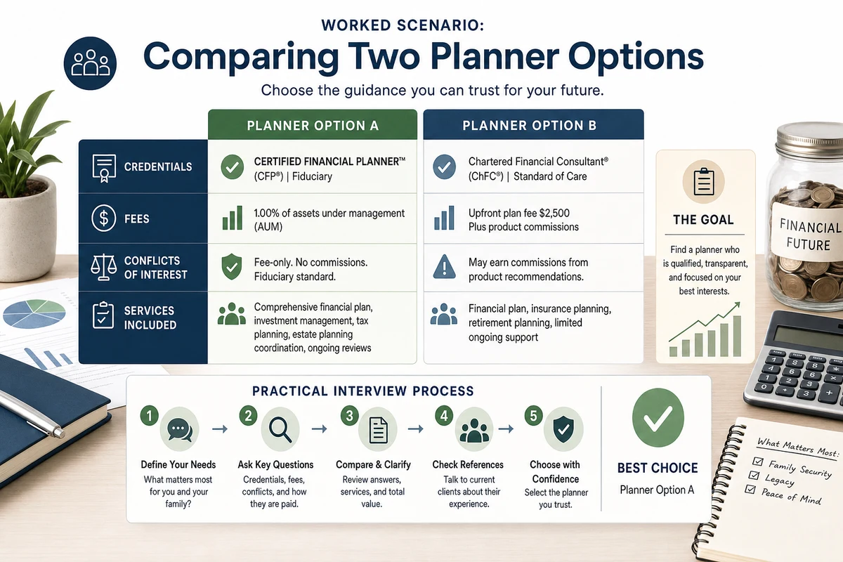 Infographic explaining worked scenario: comparing two planner options