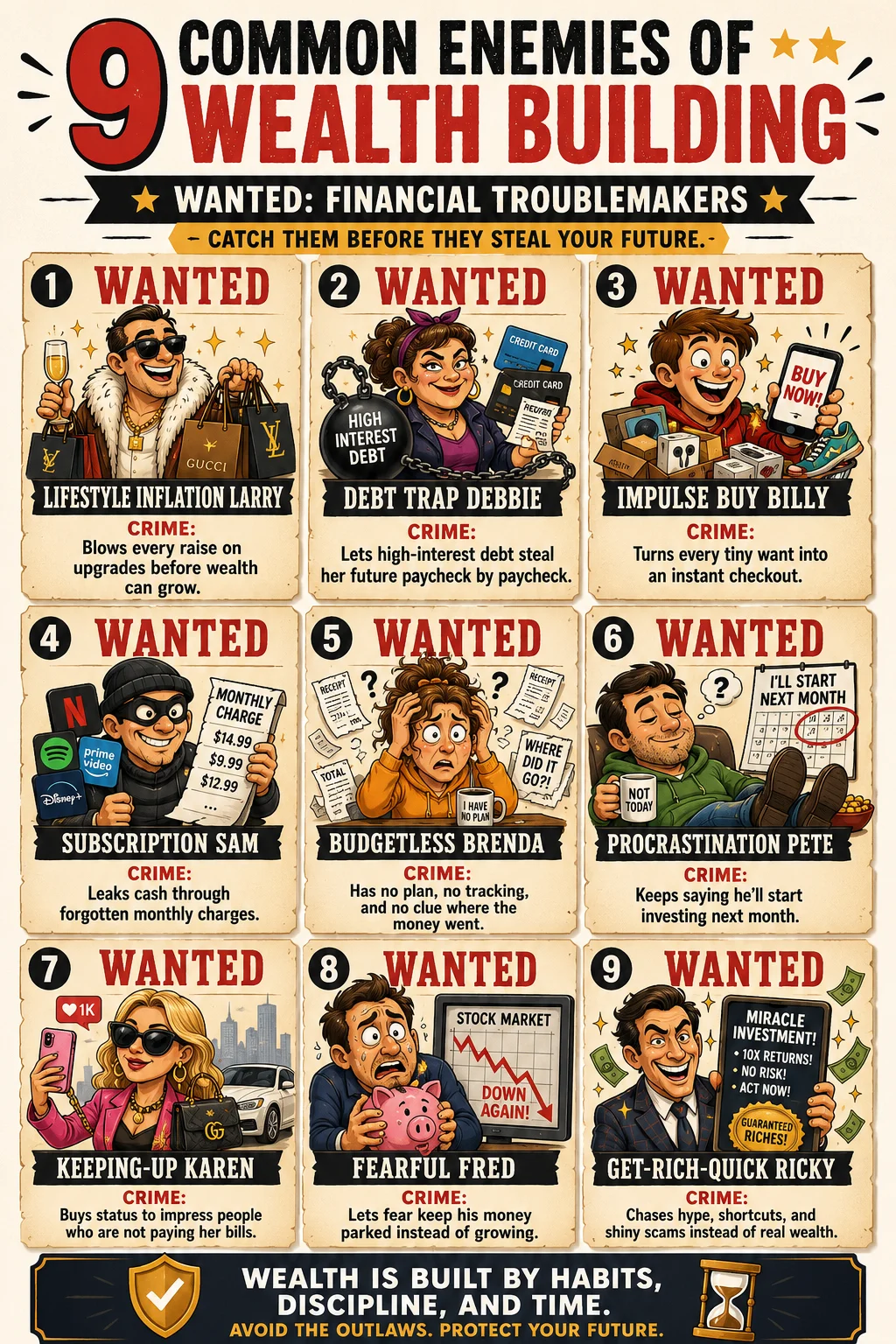 Illustrated guide showing common enemies of wealth building including lifestyle inflation, high-interest debt, impulse buys, and subscriptions