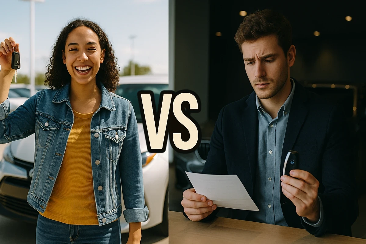 Two people shown with different spending behaviors, illustrating how social circles can normalize different financial choices.
