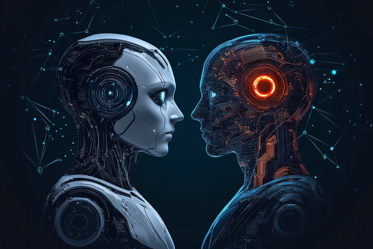 Two futuristic AI inspired robots face each other.