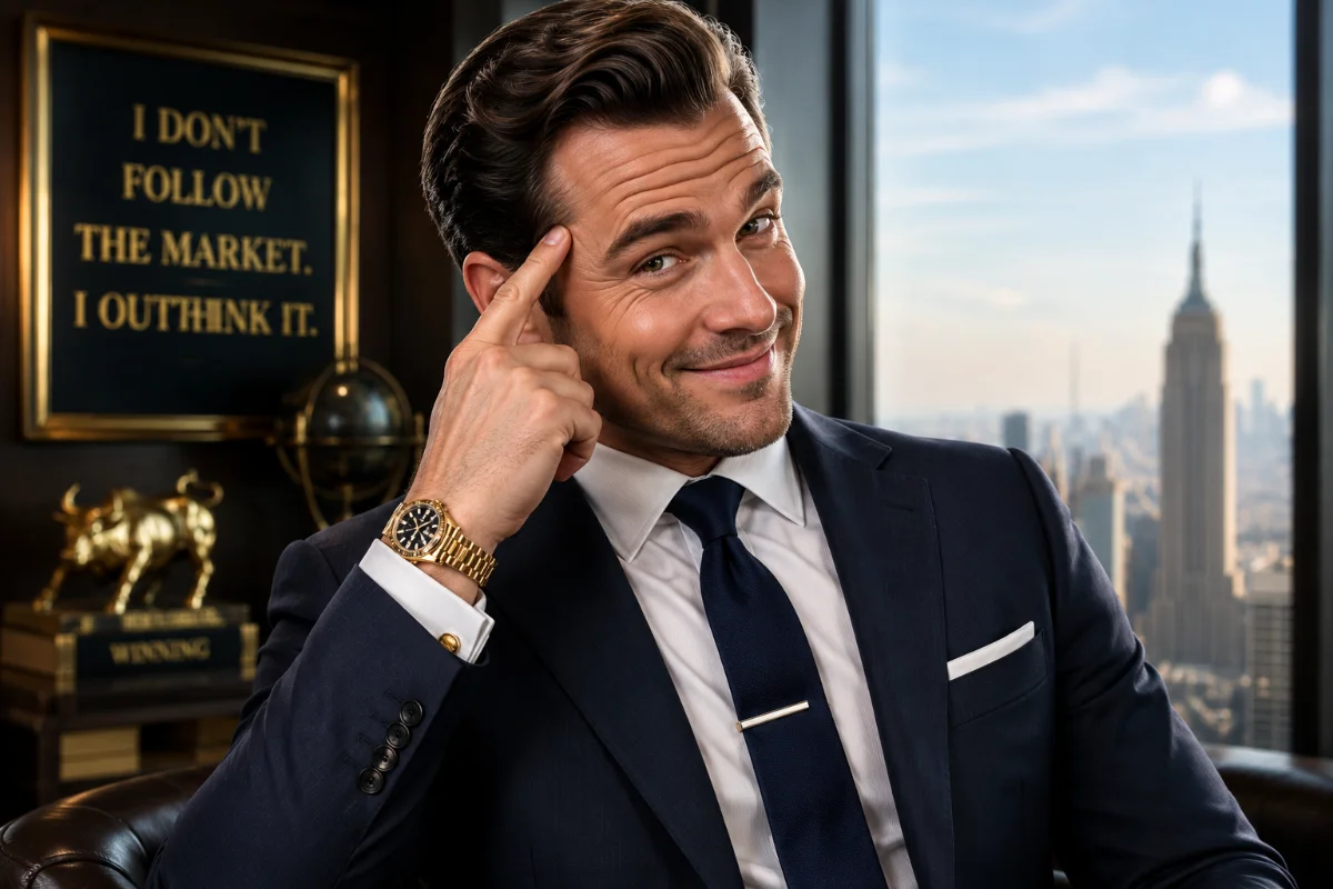 A confident businessman in a suit gestures thoughtfully in a modern office with a city skyline in the background.