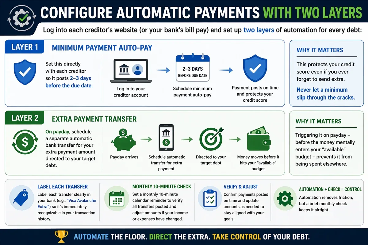 Diagram outlining the steps to configure automatic payments with two layers, detailing minimum payment auto-pay and extra payment transfer processes.