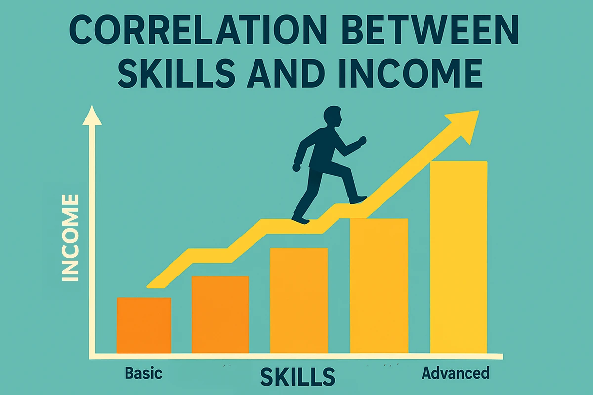 Bar chart displaying the relationship between skills and income, with bars progressing from basic to advanced skills and a figure climbing an upward arrow over the chart.