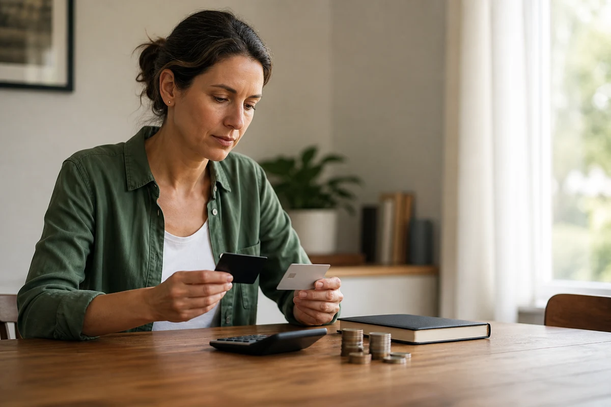 A cardholder compares two credit cards while preparing a focused payoff plan at home.