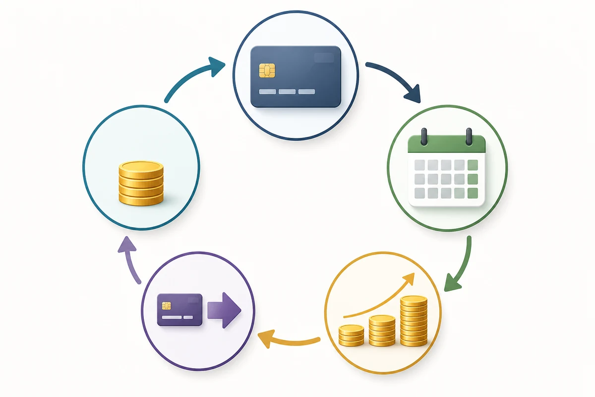 Infographic shows the repeating cycle from card balance through interest, payment, and remaining debt