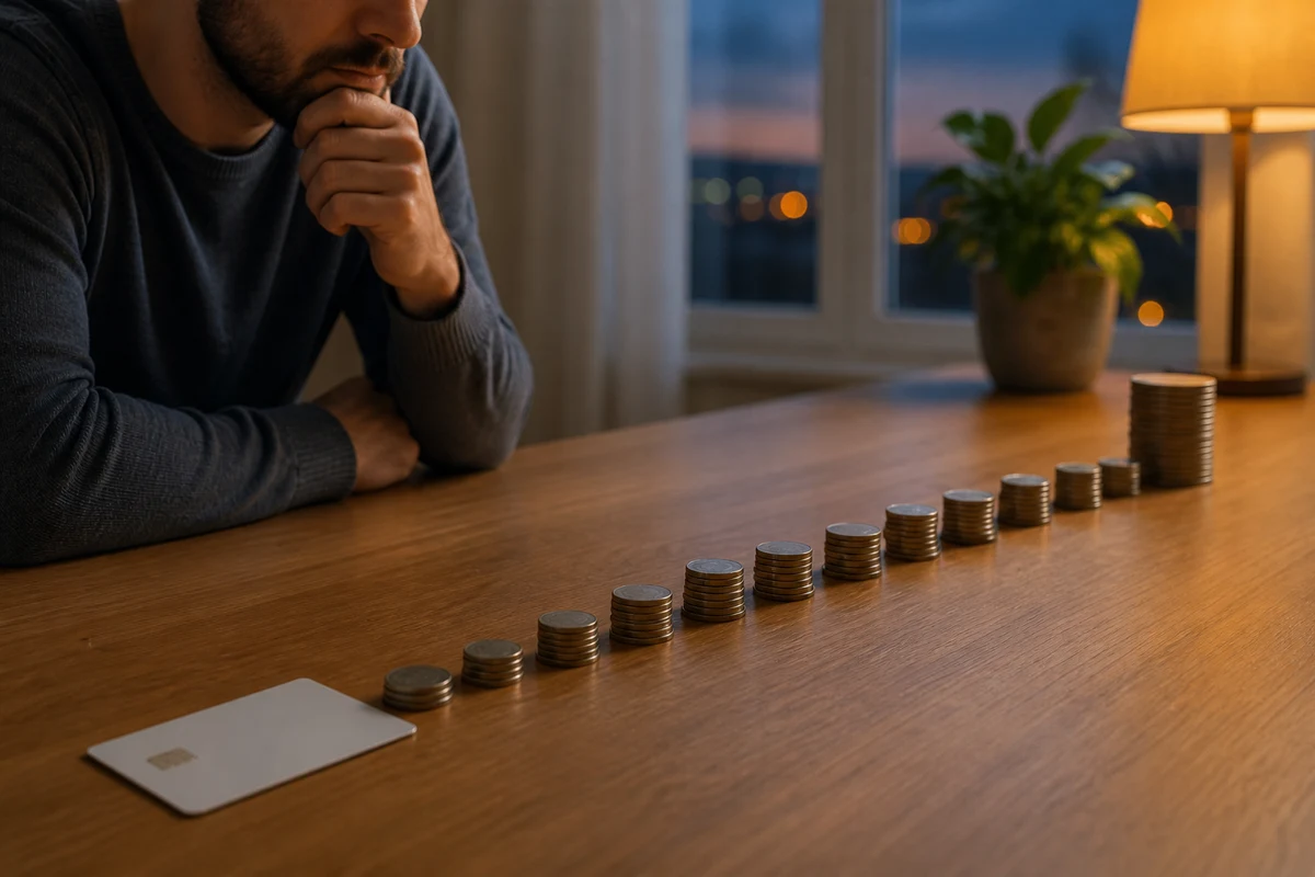 A long sequence of small payments leads toward a credit card balance that remains large
