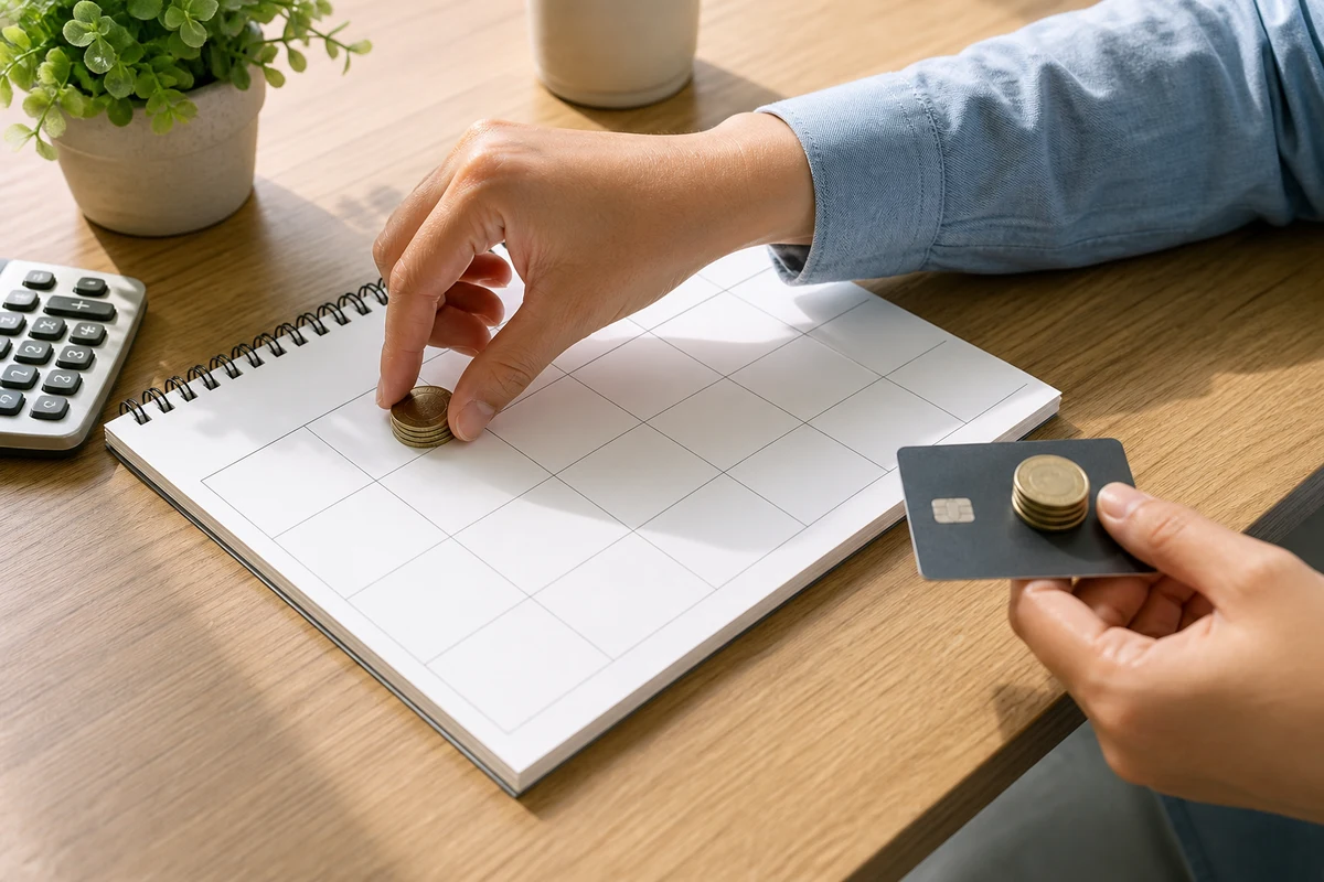 Cardholder places payment coins early on a blank billing-cycle calendar