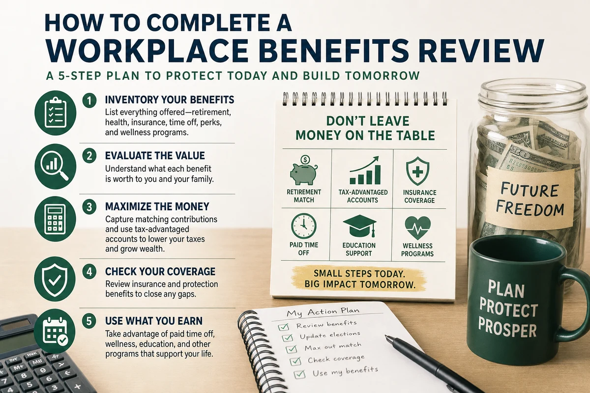 Infographic explaining how do you complete a workplace benefits review?