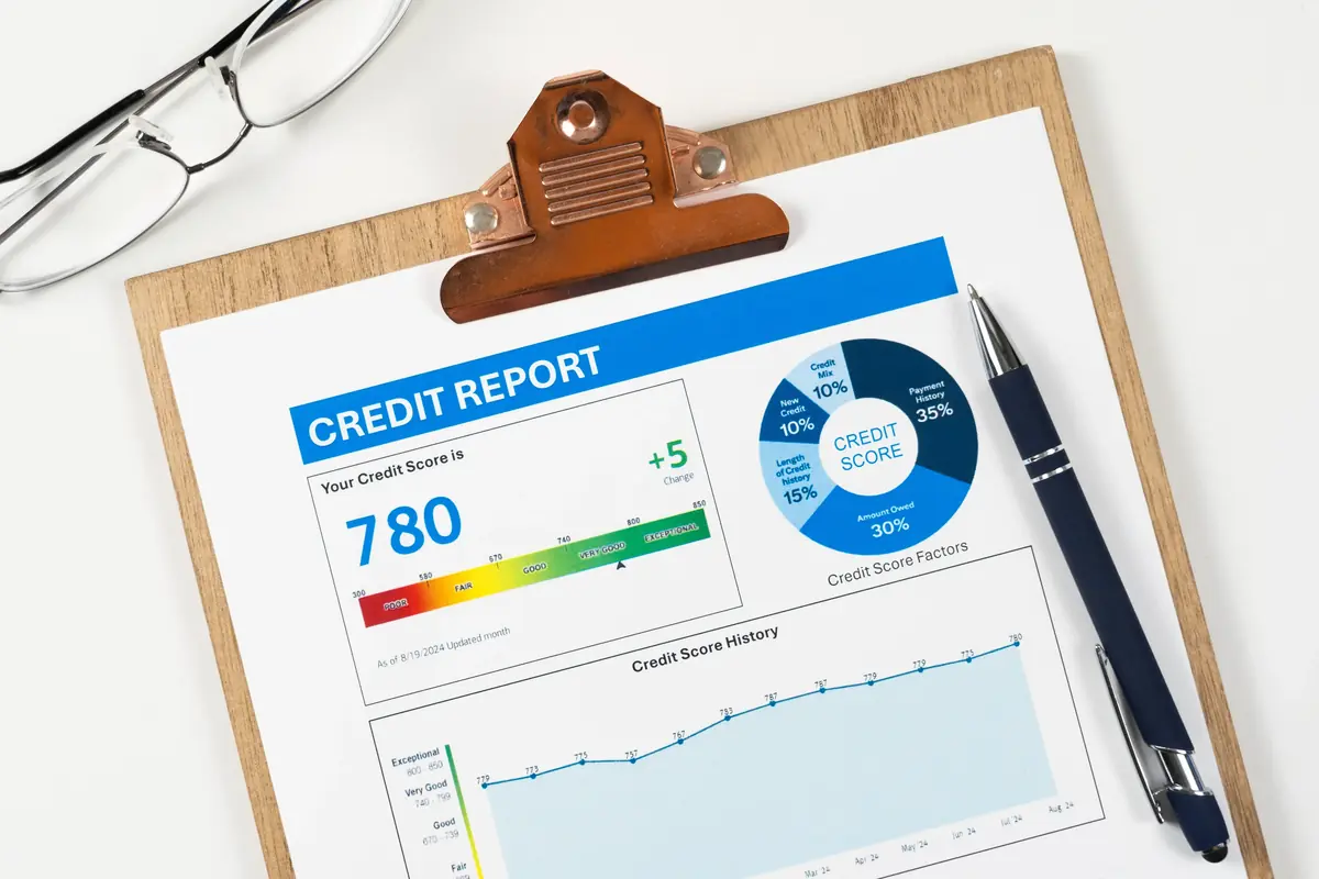 Credit report on a clipboard showing a credit score of 780 with graphs and glasses beside a pen.
