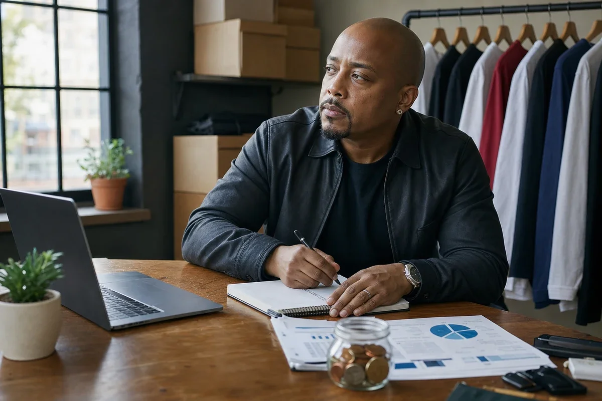 A man sits at a desk, writing in a notebook while looking contemplatively at his laptop. Papers and a jar of coins are visible on the table.