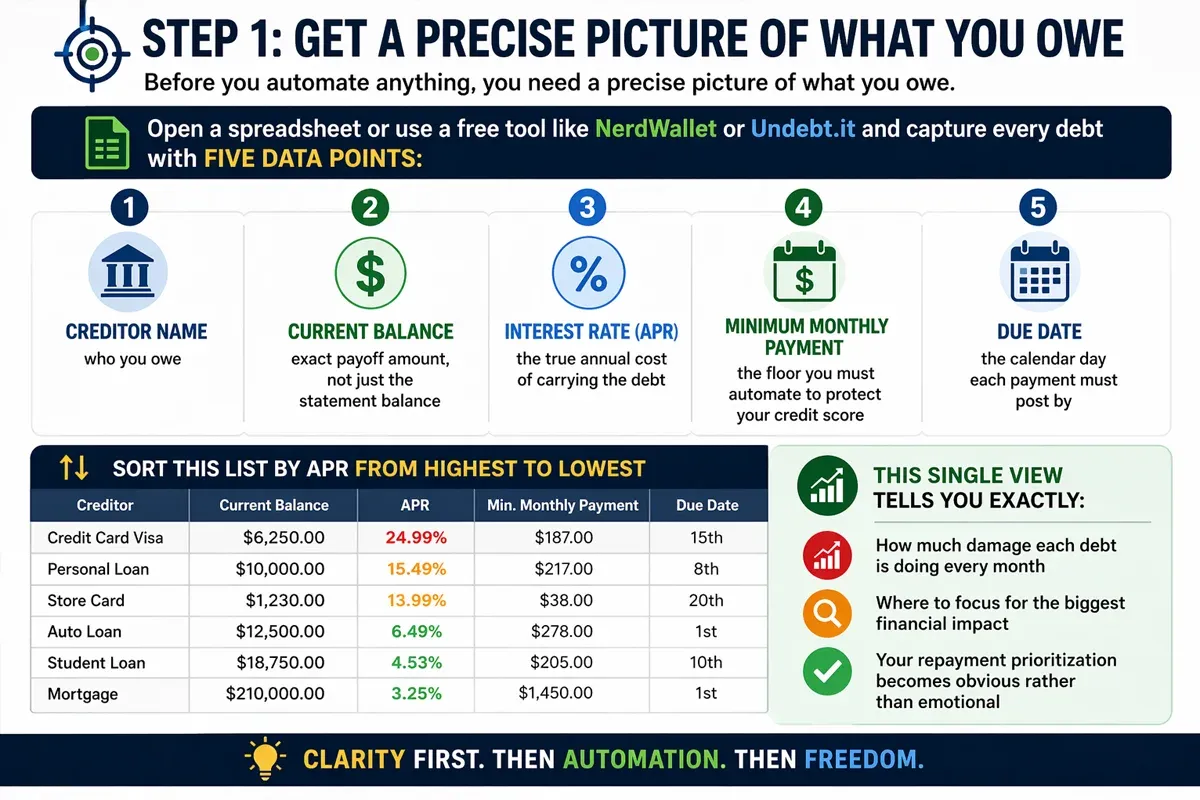 A comprehensive guide for managing debts, detailing creditor information, current balances, interest rates, minimum payments, and due dates.