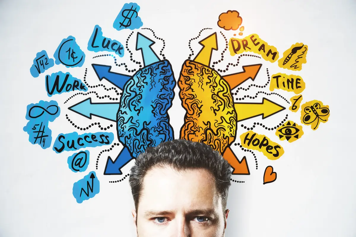 Illustration of a person with colorful, stylized brain depicting various concepts like luck, dreams, and success with arrows pointing outward.