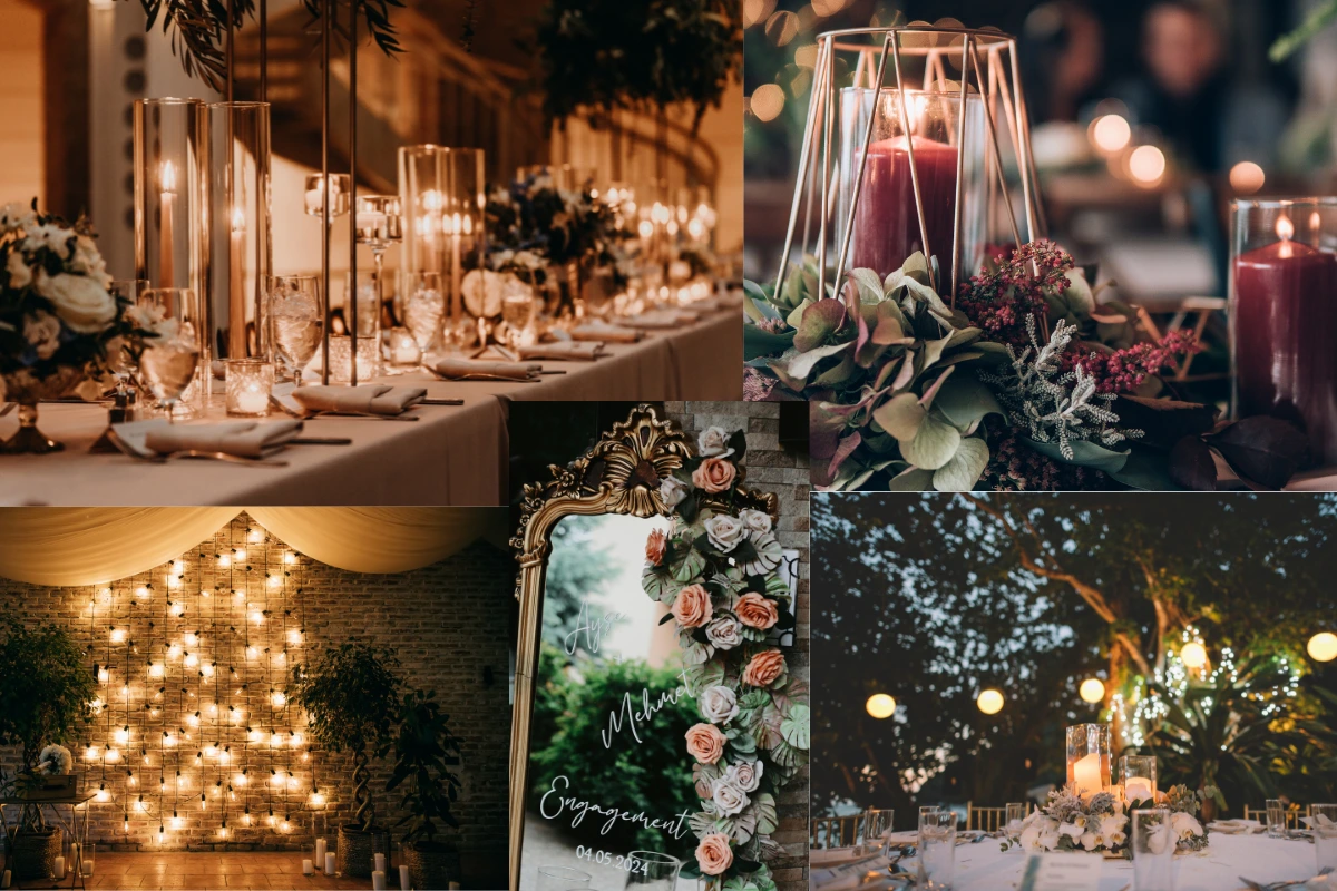 Elegant evening wedding decor with lights and flowers
