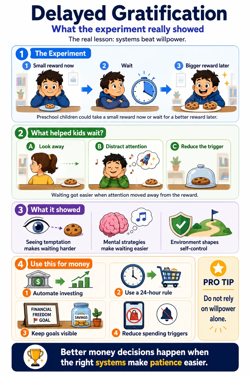 An educational infographic explaining the concept of delayed gratification through an experiment with preschool children. It outlines steps to help kids wait for rewards and strategies for making better financial decisions.