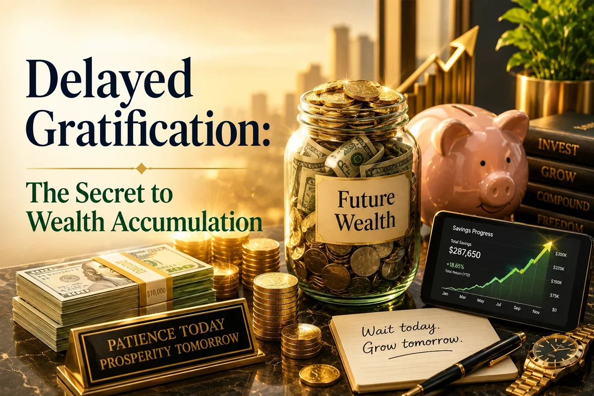 A visual representation of wealth accumulation through delayed gratification, featuring a jar of coins, cash, and a savings progress chart.