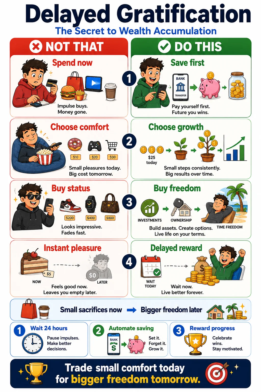 A colorful infographic illustrating the concept of delayed gratification in wealth accumulation, with sections on spending versus saving, choosing comfort levels, and investment strategies.
