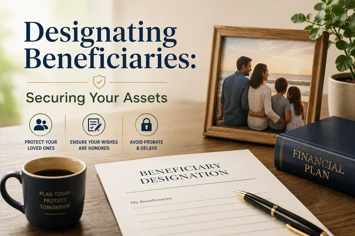 A desk scene highlighting the importance of designating beneficiaries for asset protection, featuring a family photo, a financial plan book, and a document labeled 'Beneficiary Designation'.