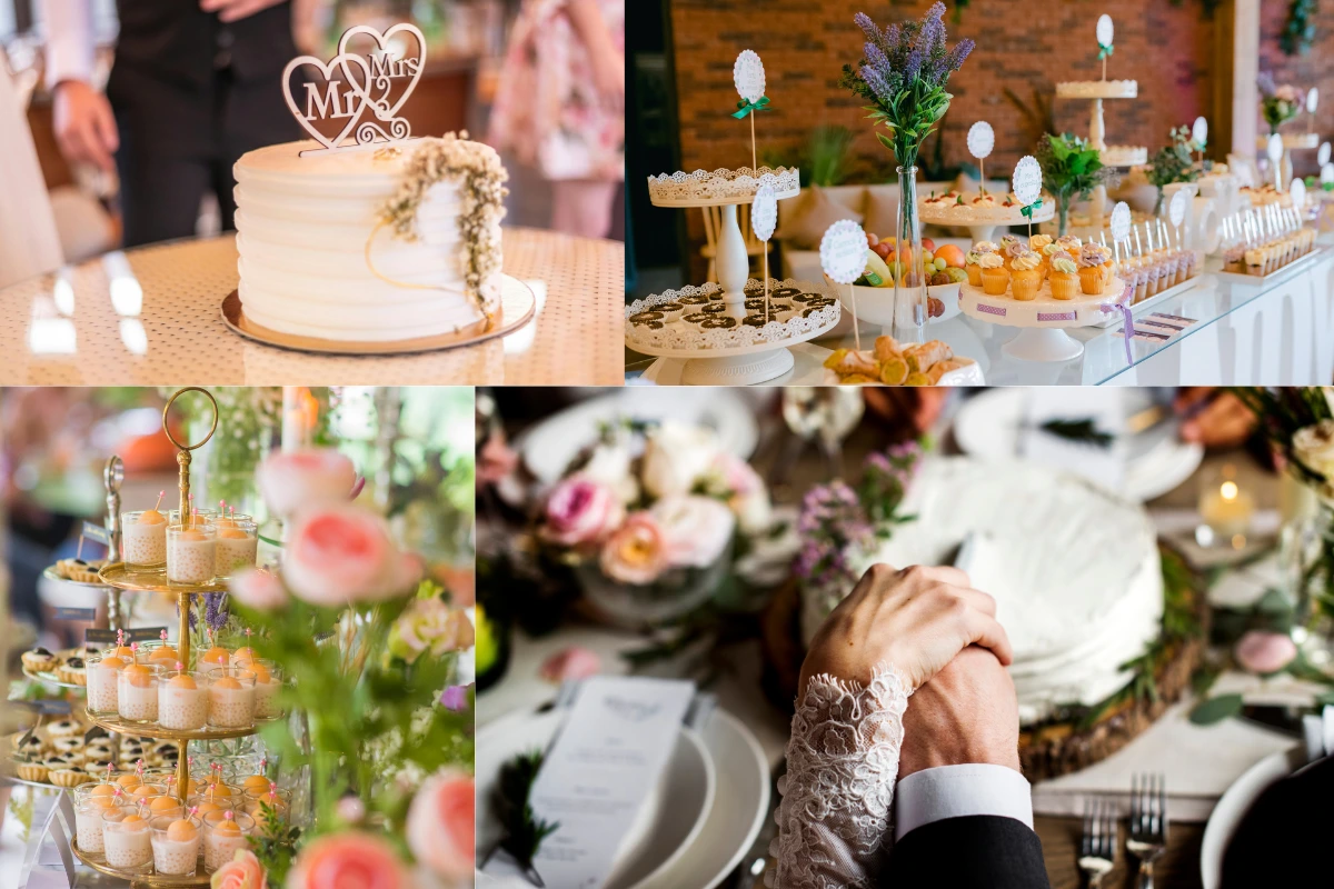 Variety of elegant wedding cakes and desserts at reception