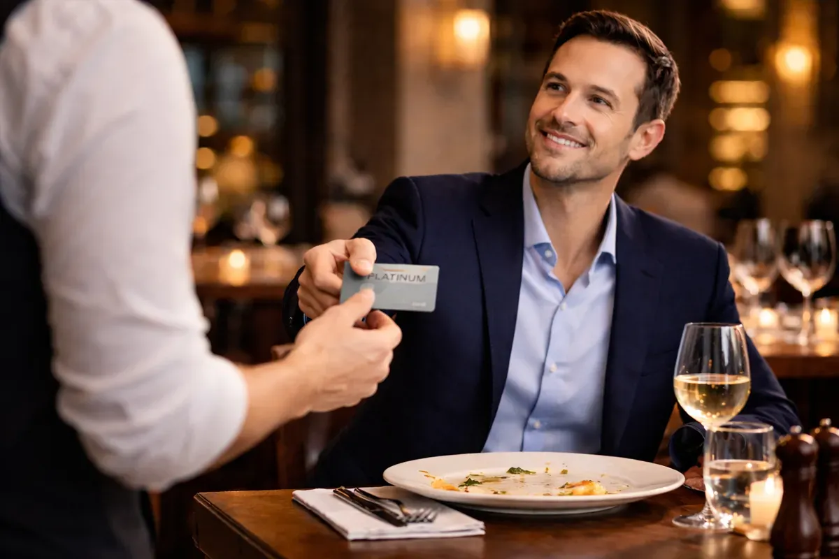 A well-dressed man at a restaurant smiles while handing a platinum credit card to a waiter. A plate of food and a glass of wine are on the table.