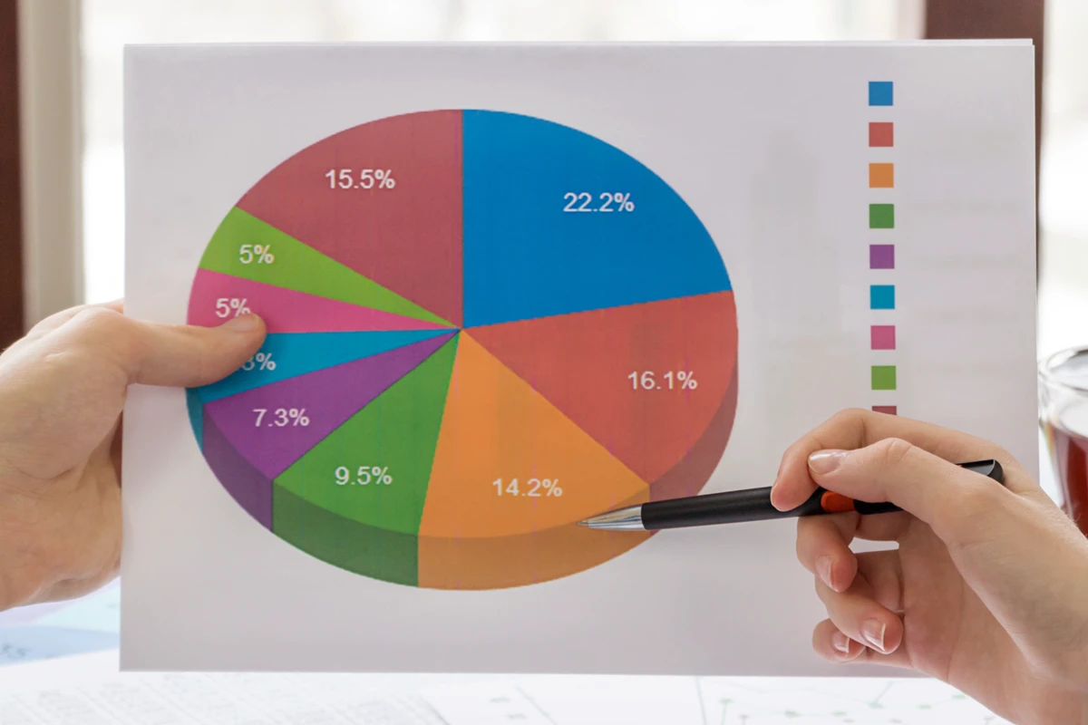 A person holding and pointing with a pen to a colorful pie chart displaying various percentage segments, representing a diverse portfolio.