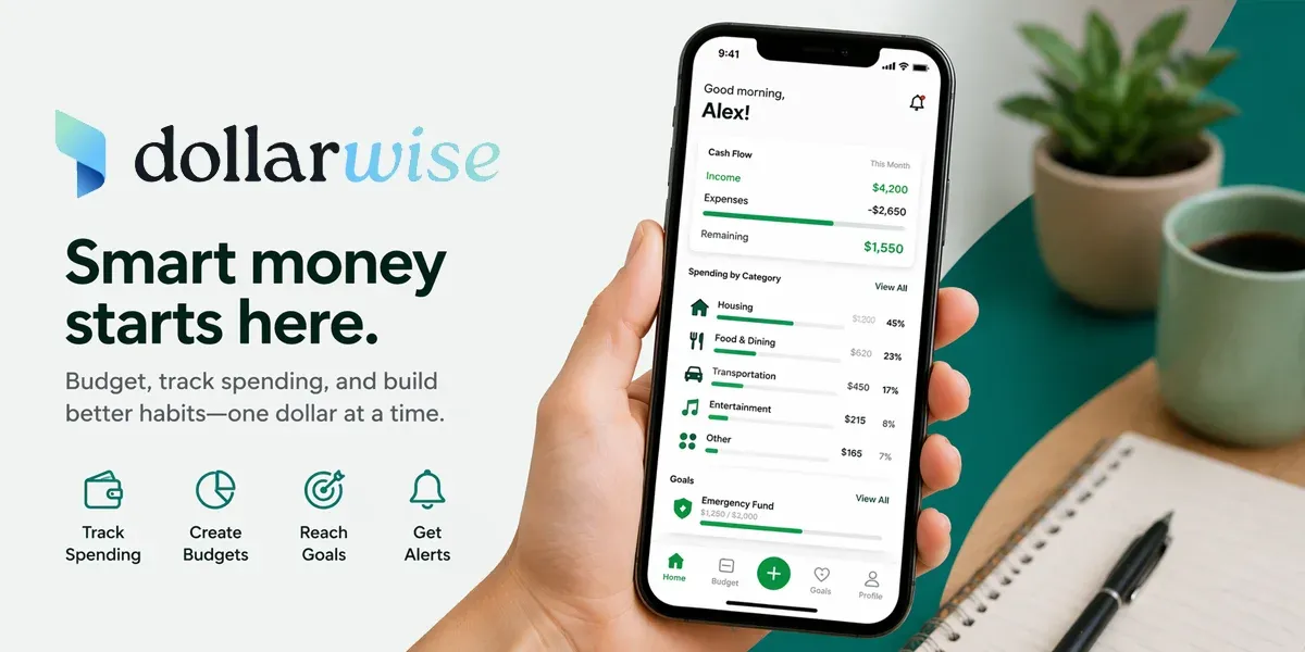 A smartphone displaying the Dollarwise app interface, highlighting budgeting features and spending categories. The background suggests a productive financial planning environment.