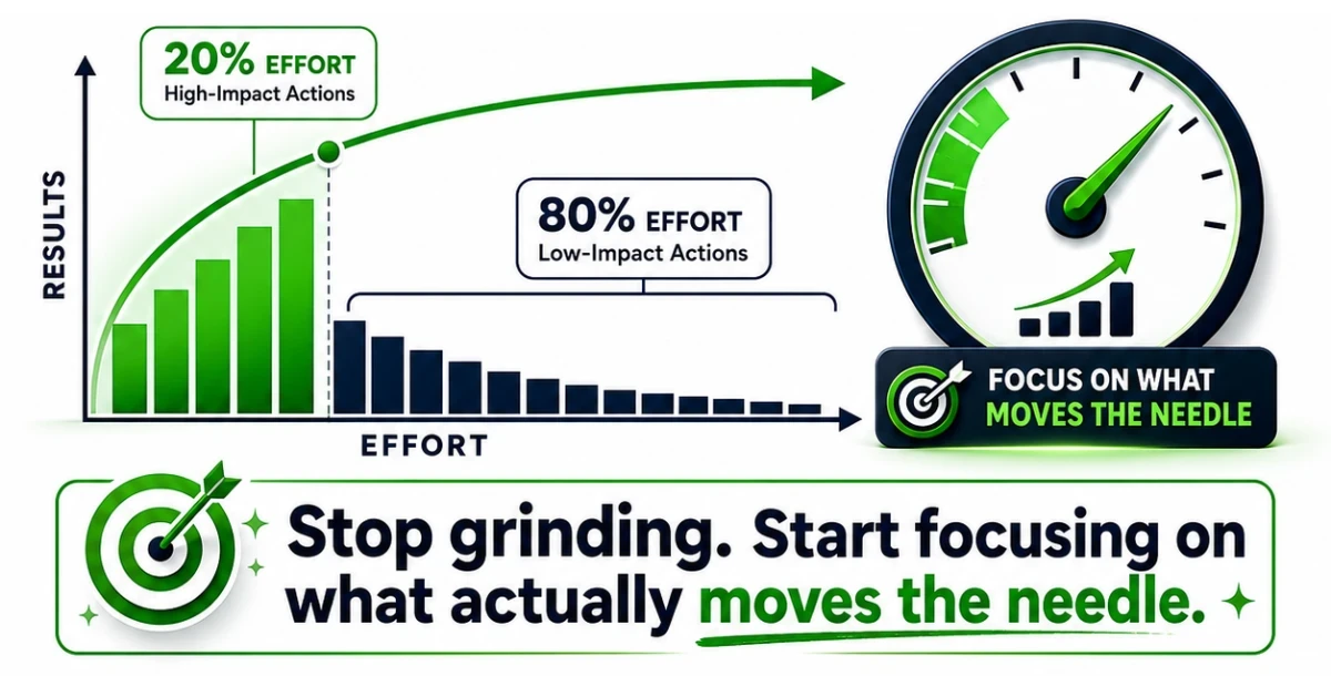 A chart illustrating the relationship between effort and results, highlighting high-impact actions versus low-impact actions. The text encourages focusing on what moves the needle for better outcomes.