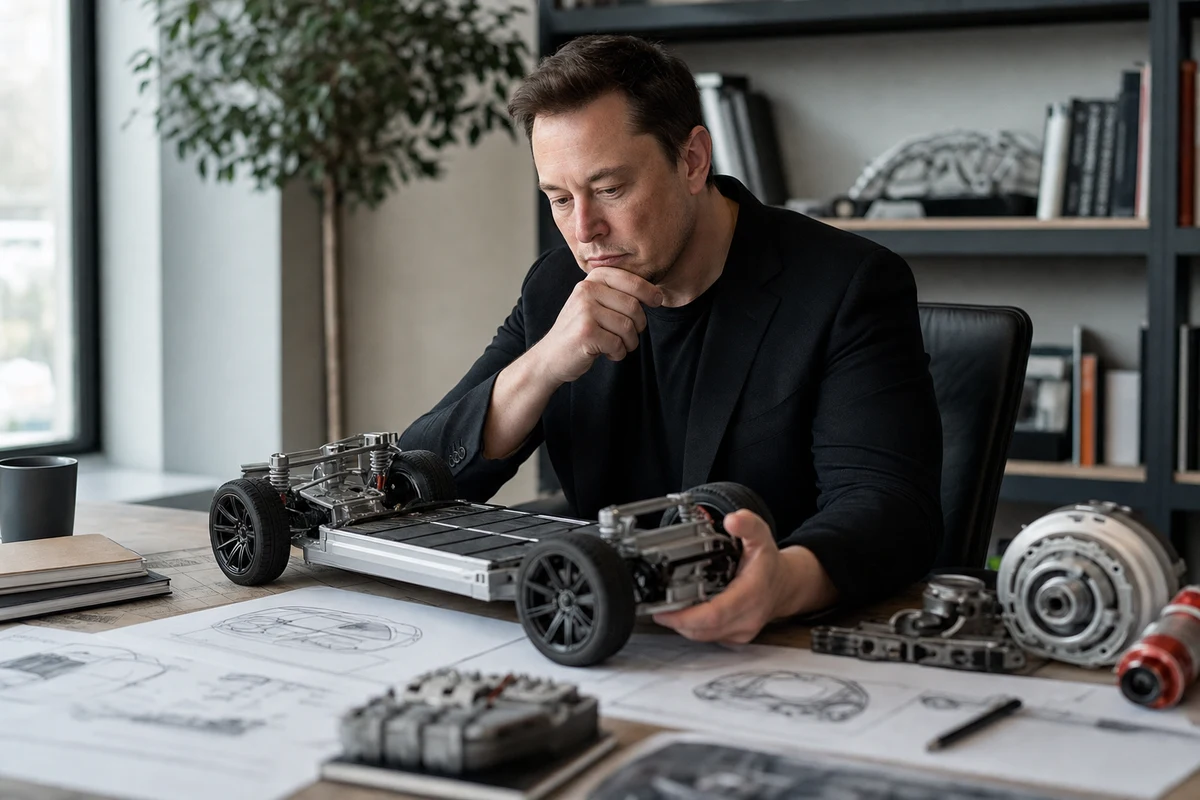 Editorial scene showing the practical decision behind how did tesla challenge basic automotive assumptions?