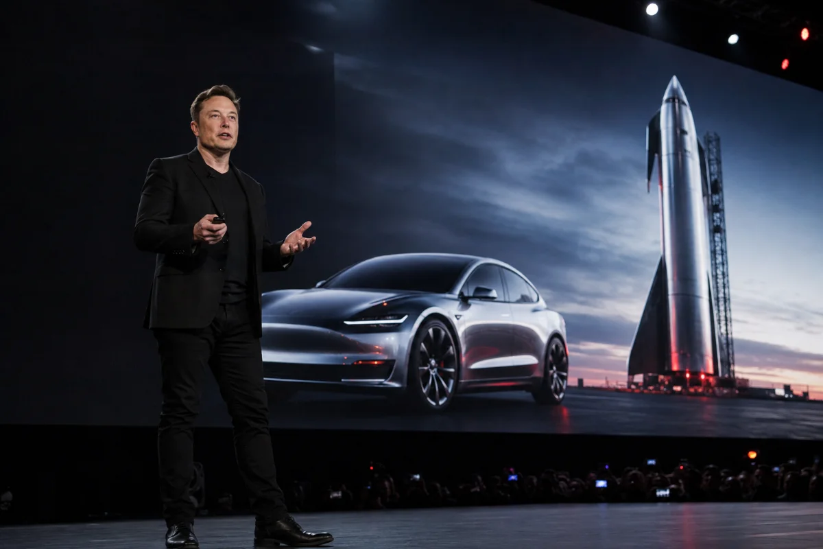 Elon Musk presenting on stage with a Tesla car and a SpaceX rocket displayed in the background.