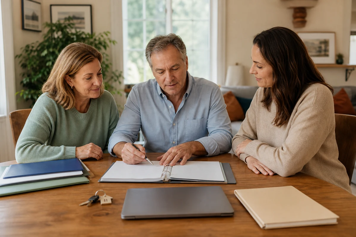 A family reviews an end-of-life planning binder together at a dining table with organized folders and a laptop nearby.