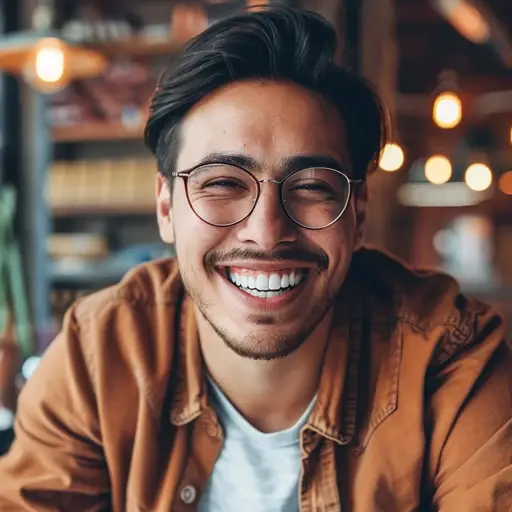 Smiling man with glasses in a cafe.
