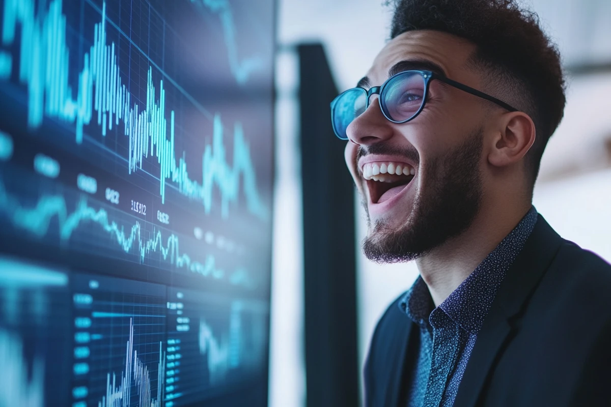 Excited man analyzing financial data on screens